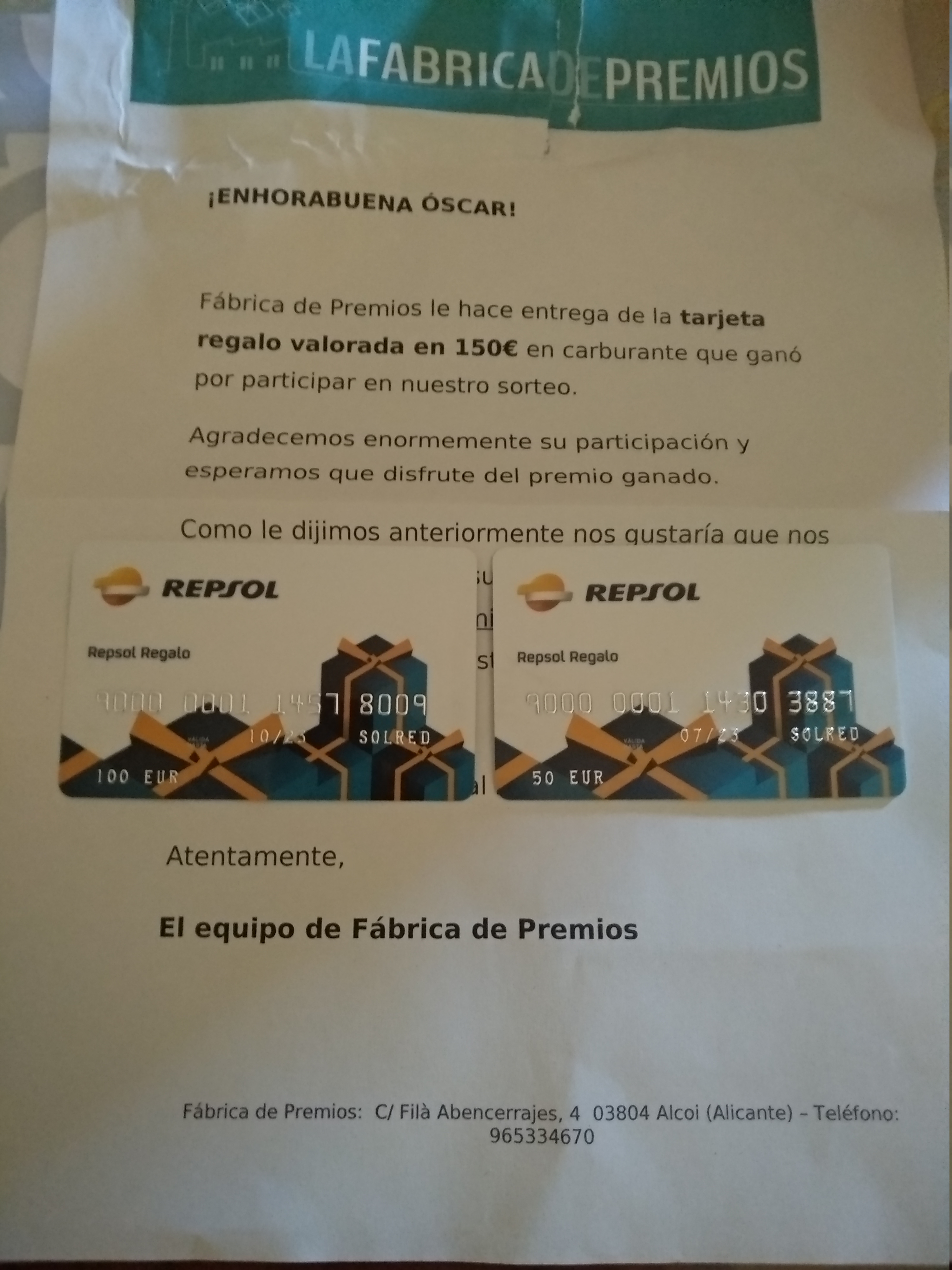 Óscar – COLMENAR (Málaga) Ganador de una tarjeta regalo de 150€